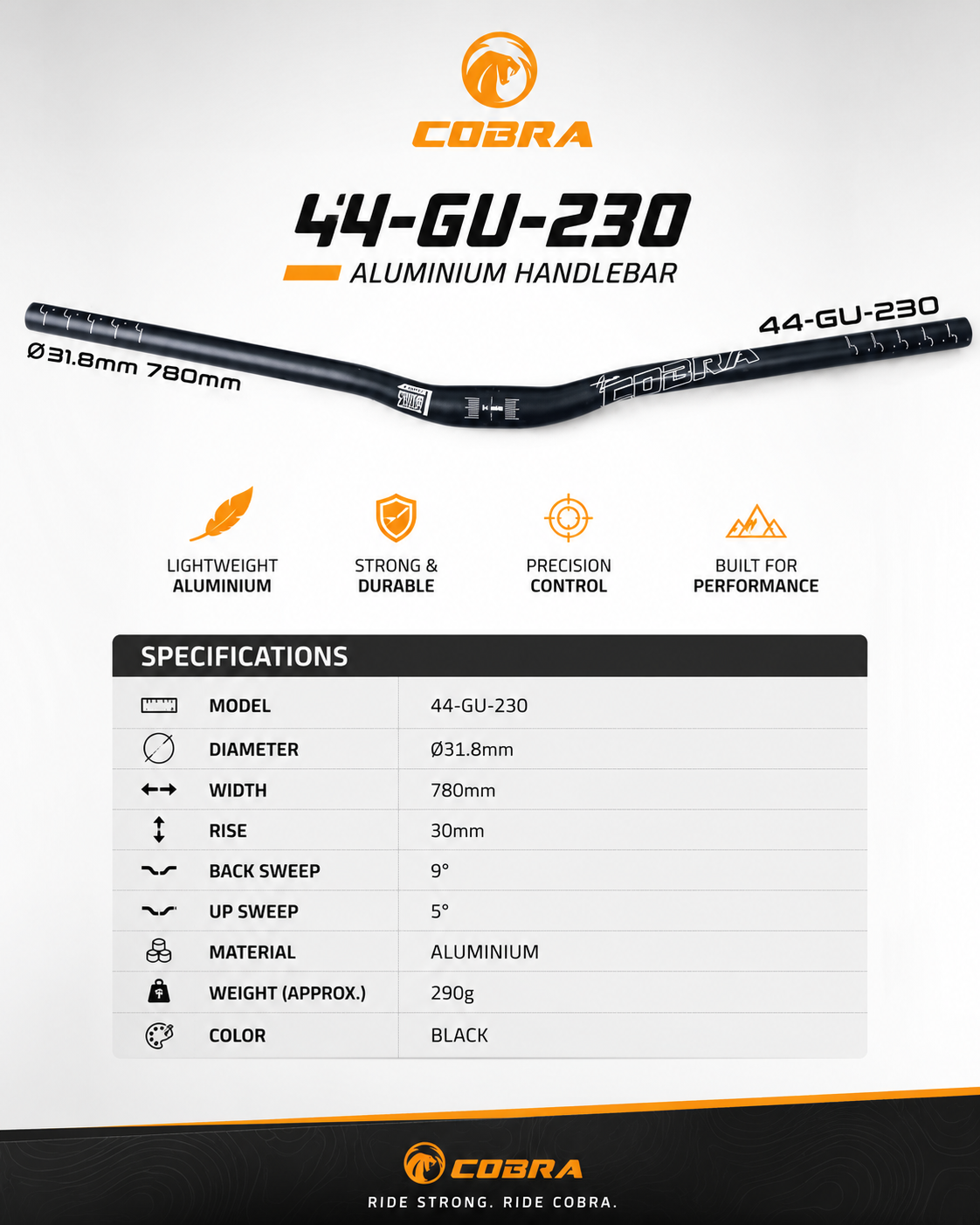 Guidon (25mm Rise) (31.8mm potence) Cobra 780mm cintre sc50GU230